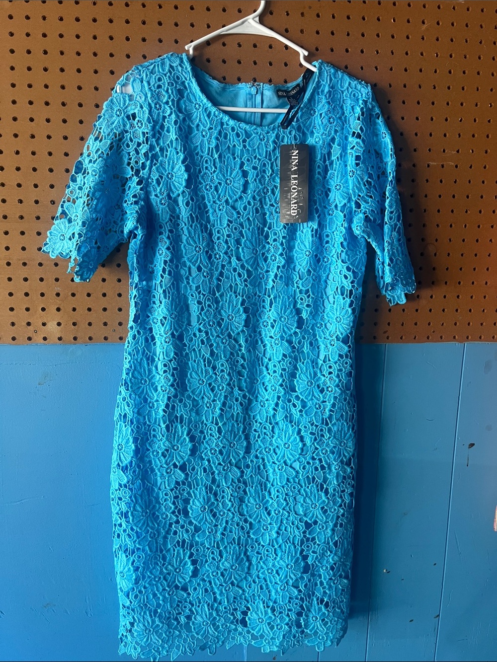 Nina Leonard Bright Turquoise Floral Lace Midi Dress